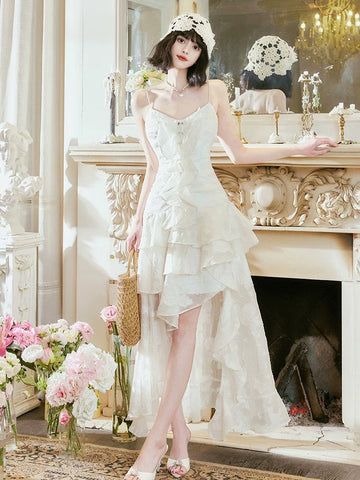 A Line High Low Ruffles Long Evening Dress Lace White Prom Dresses SD2750